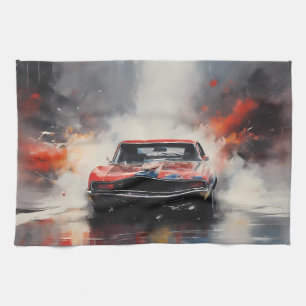 Rotes Muscle-Car frontal Geschirrtuch