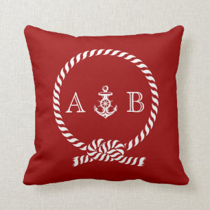 Rotes Nautikeil und Anchor-Monogramm Kissen