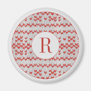 ROTES NORDISCHES STRICKEN Rundes Magnet + Initiale