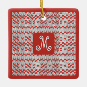 Rotes nordisches Strickmuster Keramik Quadrat-Orna Keramikornament