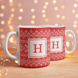 Rotes nordisches Strickmuster-Monogramm-Feiertag Tasse