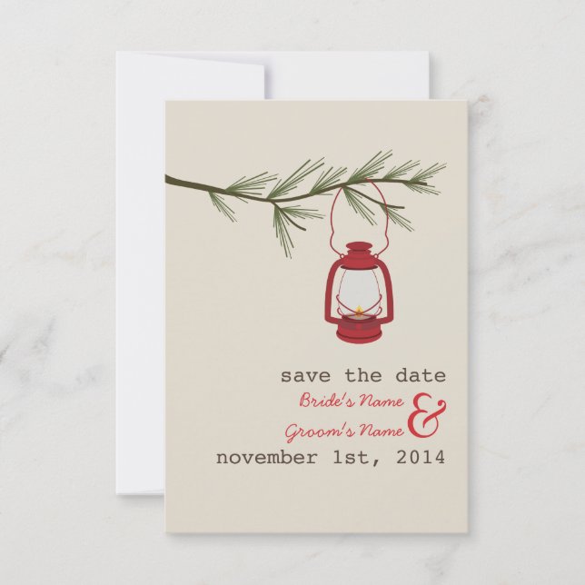 Rotes Öl Laterne Evergreen Tree Save the Date (Vorderseite)