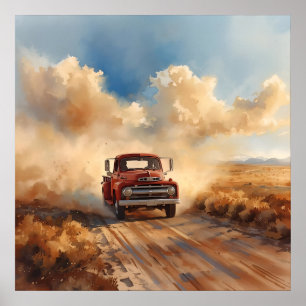 Rotes Oldtimer-Lastwagen fährt durch die Wüstenlan Poster