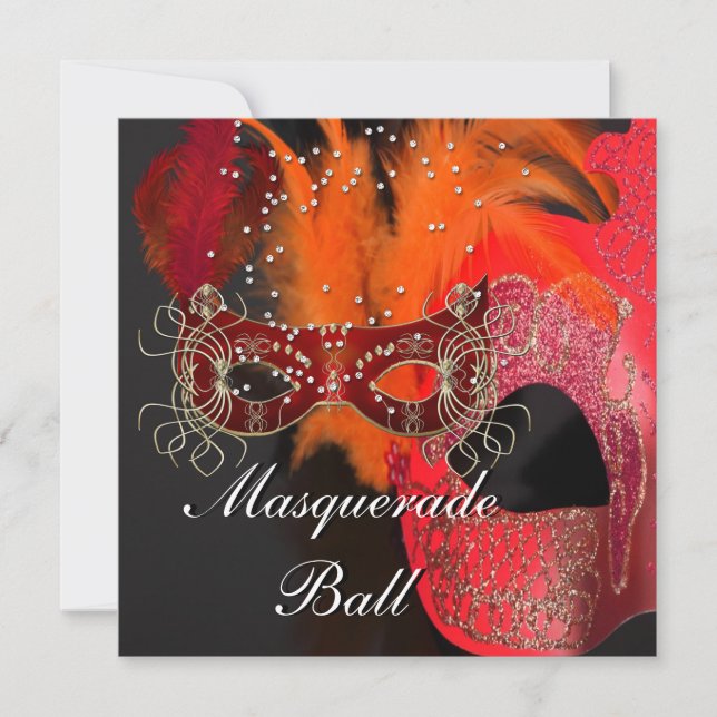 Rotes Orange Black Masquerade Ball Party Einladung (Vorderseite)