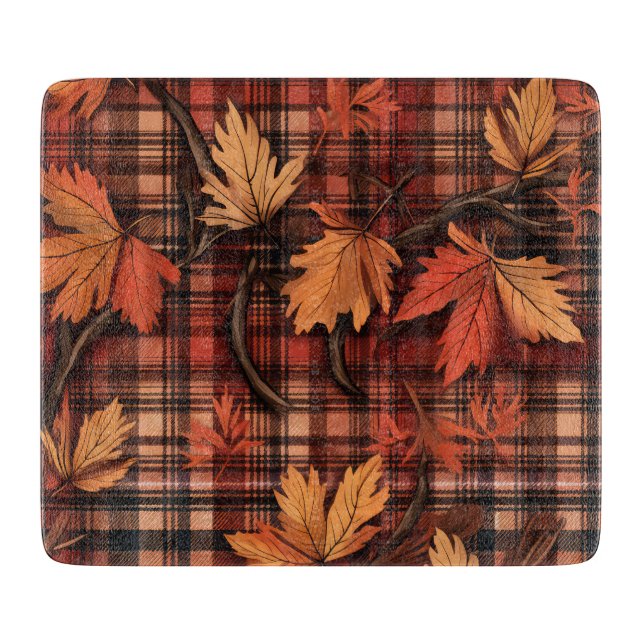ROTES ORANGE GELBE KARIERT MIT HERBSTLAUBEN SCHNEIDEBRETT (Vorderseite)