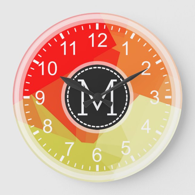 Rotes Orange Mosaik Modernes Monogramm Große Wanduhr (Vorderseite)