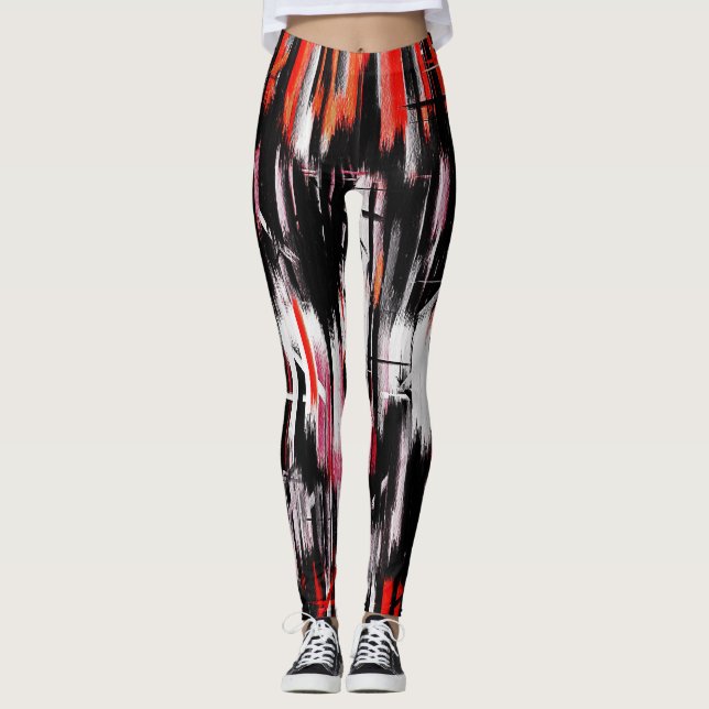 Rotes Orange Schwarz-weißes Abstraktes Gemälde Leggings (Vorderseite)