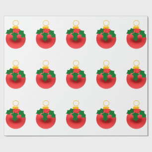 Rotes Ornament mit Stechpalme weißes Geschenkpapie Geschenkpapier