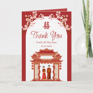 Rotes Paar Tempel Kirschblüte Chinesische Hochzeit Dankeskarte