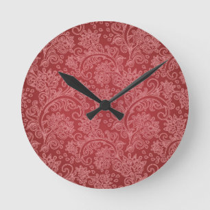 Rotes Paisley-Damask-Designer-Blumen-Vintage-Klass Runde Wanduhr