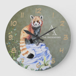 Rotes Panda Monogram Gold Große Wanduhr