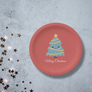 Rotes Papierplatte mit Kawaii Weihnachtsbaum Pappteller
