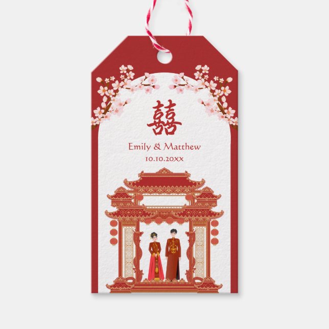 Rotes Pärchen Kirschblüte Chinesische Hochzeit Geschenkanhänger (Vorderseite)