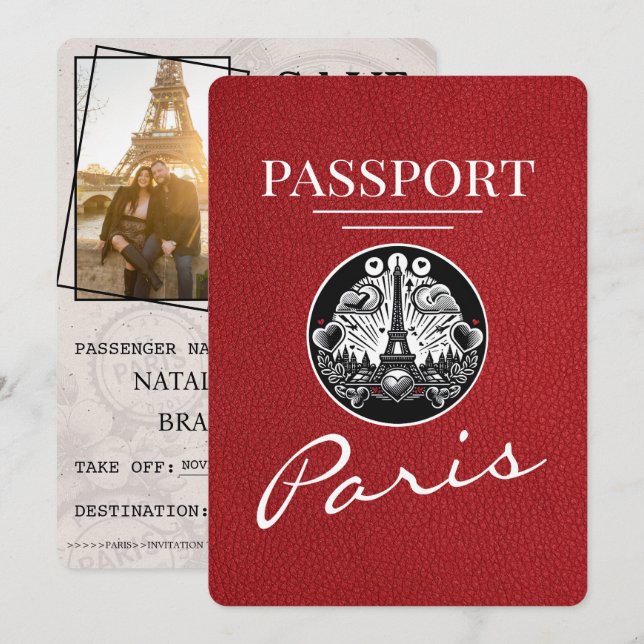Rotes Paris Reisepass Save The Date (Vorne/Hinten)