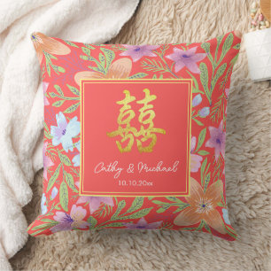 Rotes Peranakan-Blumen-Doppel-Xi-Chinesisches Hoch Kissen