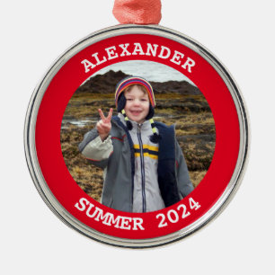 Rotes personalisiertes rundes Familienfoto Ornament Aus Metall