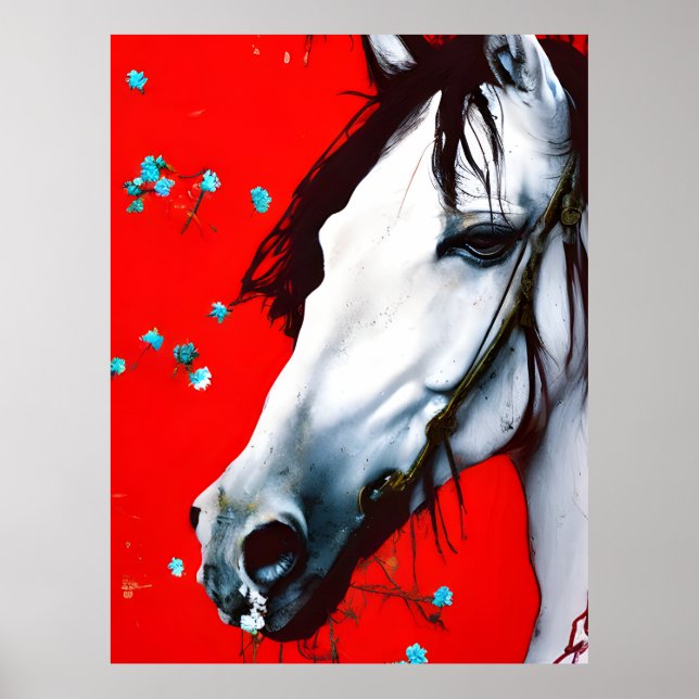 Rotes Pferd Hintergrund Blaue Blumen Poster (Vorne)