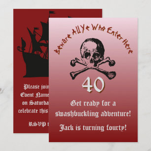 Rotes Piratenschiff mit Totenkopf zum 40. Geburtst Einladung