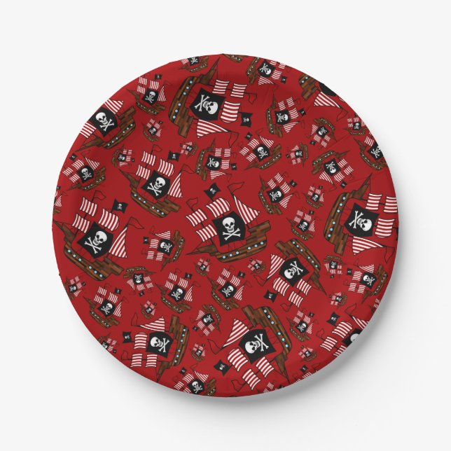 Rotes Piratenschiff Pappteller (Vorderseite)