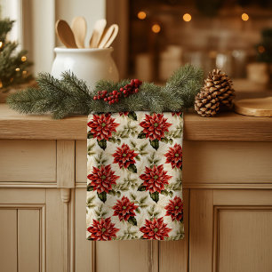 Rotes Poinsettia-Küchentuch Wasserfarbe Weihnachts Geschirrtuch