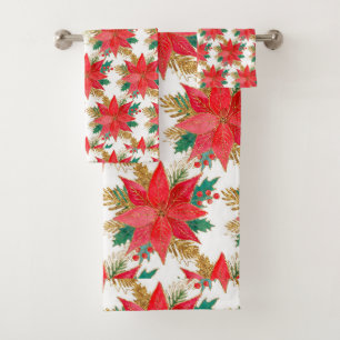 Rotes Poinsettia Weihnachtsmuster Badhandtuch Set