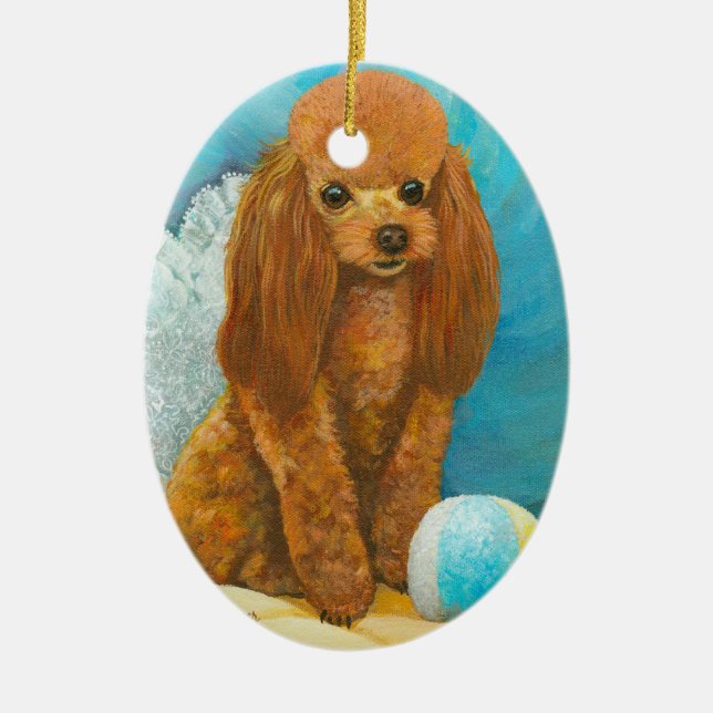 Rotes Poodle Welpen-Portrait Keramikornament (Vorne)