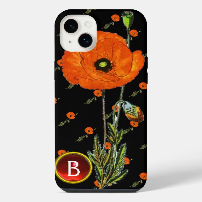 ROTES POPPEN IN SCHWARZ-RUBY GEMSTONE-MONOGRAM iPhone HÜLLE (Rückseite)