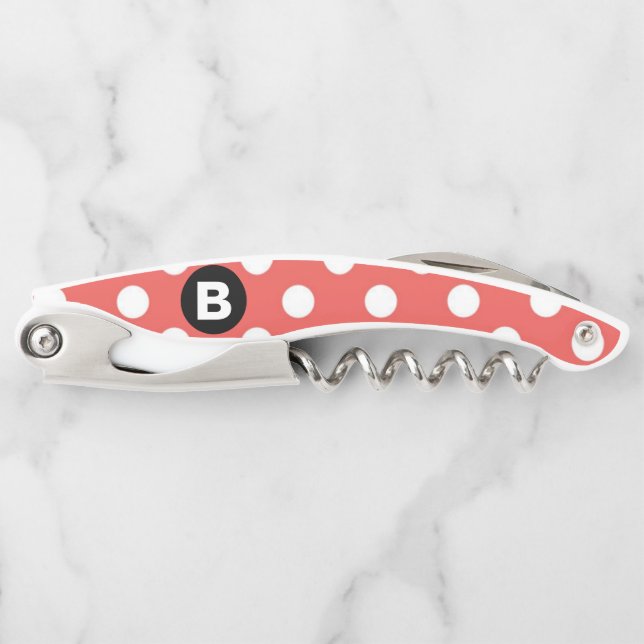 Rotes Punkte-Muster schwarzes Monogramm Kellnermesser (Vorderseite)