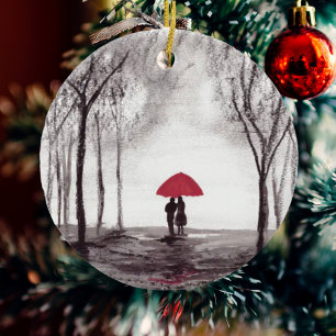 Rotes Regenschirm-Liebespaar Keramikornament