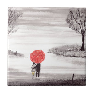 Rotes Regenschirm-Liebespaar rustikale Vintage-Hoc Fliese