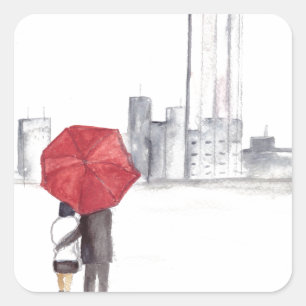 Rotes Regenschirm-Paar New York cool trendy schön Quadratischer Aufkleber