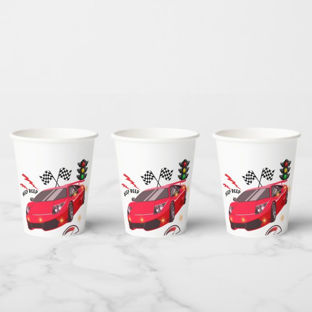 Rotes Rennauto "Beep Beep" Personalisiertes Party- Pappbecher (Multi)