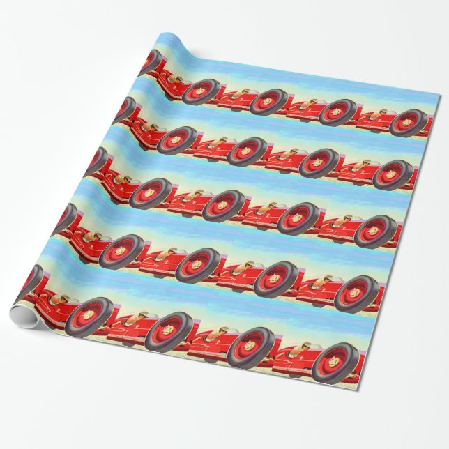 Rotes Rennfahrzeug 1950 Geschenkpapier (Ungerollt)