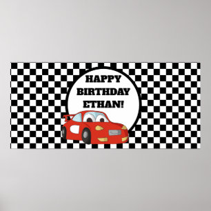 Rotes Rennwagen Schwarz-Weiß-Banner zum Geburtstag Poster