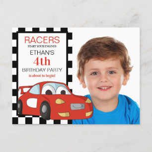 Rotes Rennwagen Schwarz-Weiß Kariert 4. Geburtstag Postkarte