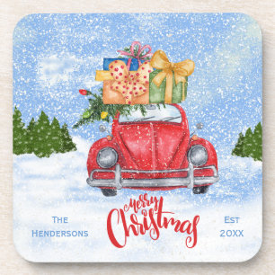 Rotes Retro-Auto mit Weihnachtsbaum-Untersetzer-Se Getränkeuntersetzer