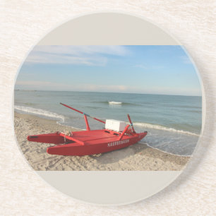 Rotes Rettungsboot am Strand - Meer-Fotografie Getränkeuntersetzer
