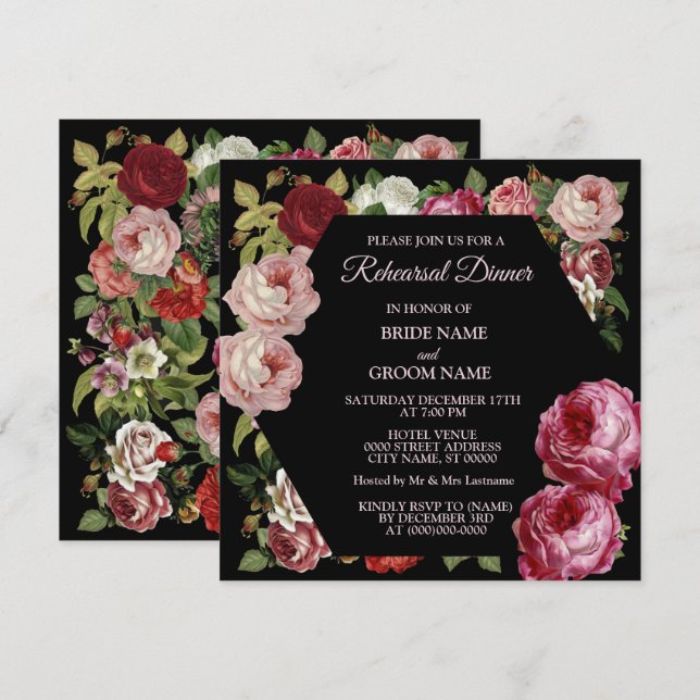 Rotes rosa Blumengrün Schwarz Probeessen Einladung (Vorne/Hinten)