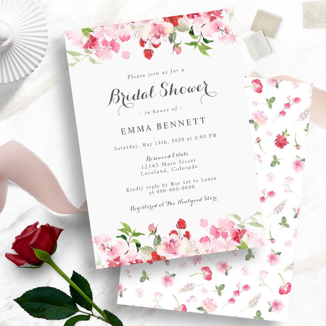 Rotes Rosa Brautparty Einladung (Watercolor Red and Pink Floral Bridal Shower Invitations)