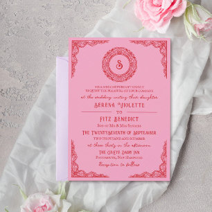 Rotes rosa handgezeichnetes Spitzen-Vintage-Monogr Einladung