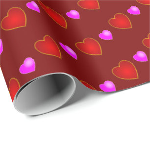 Rotes Rosa Herz auf Reich Dunkelrot Geschenkpapier