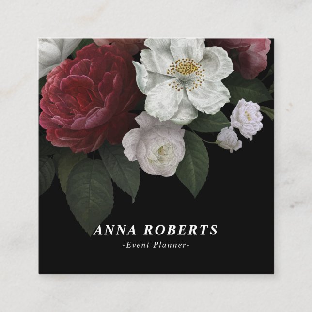 Rotes rosa Luxusweiß auf schwarzem Blumen Quadratische Visitenkarte (Vorderseite)