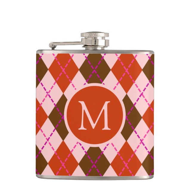 Rotes Rosa und Braunes Argyle-Muster-Monogramm Flachmann (Vorderseite)