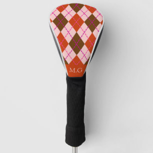 Rotes Rosa und Braunes Argyle-Muster-Monogramm Golf Headcover