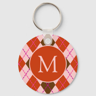 Rotes Rosa und Braunes Argyle-Muster-Monogramm Schlüsselanhänger