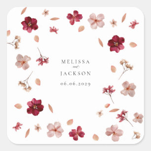 Rotes Rosa und Creme, blumengeschmücktes Hochzeits Quadratischer Aufkleber