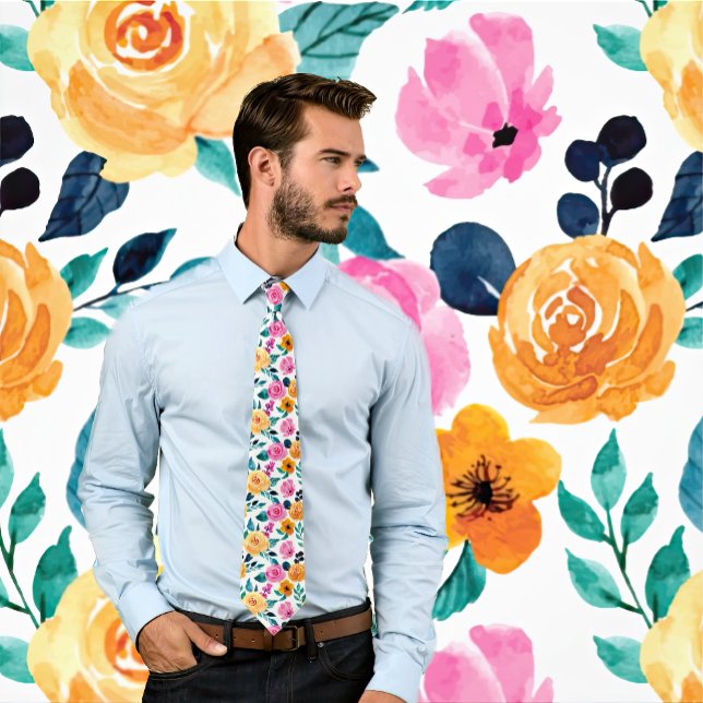 Rotes, rosa und orangefarbenes Blumenmuster Krawatte (Man wears colorful floral pattern necktie. Background matches tie.)