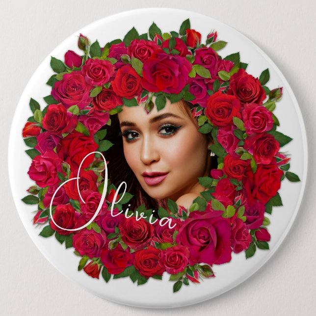 Rotes Rosen-Foto-Design mit individuellem Text Button (Vorderseite)