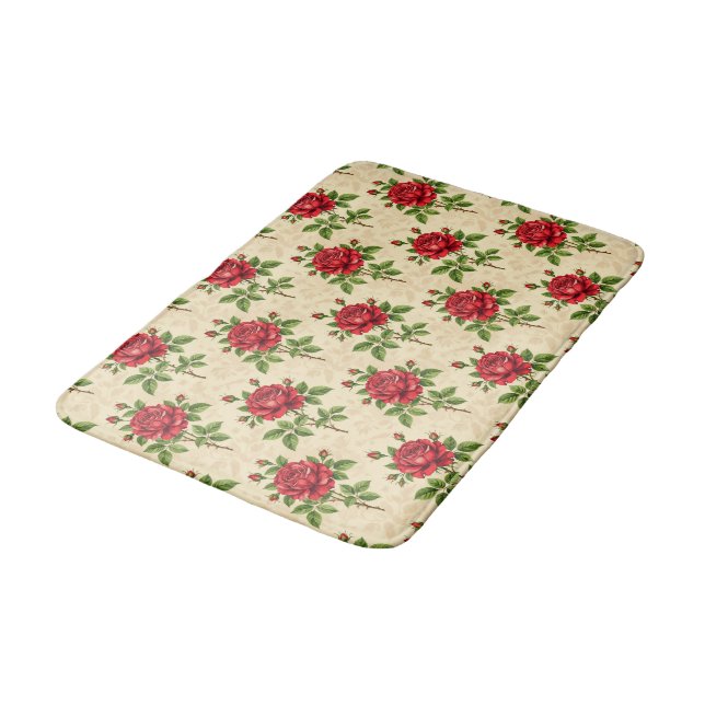 Rotes Rosen-Vintage-Muster Badematte (Schrägansicht)
