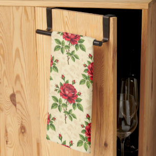 Rotes Rosen-Vintage-Muster Geschirrtuch